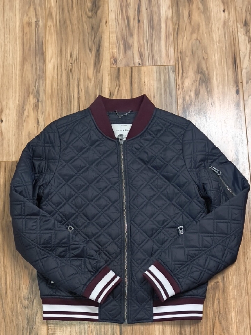 Lucky Brand Quilted Bomber Jacket in Navy with Burgundy Trim